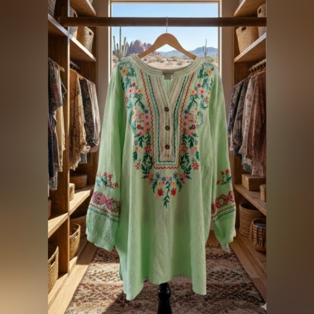 Boho 3X Artisy Cottage Floral Green  Embroidered  Resort Casual Tunic Top New